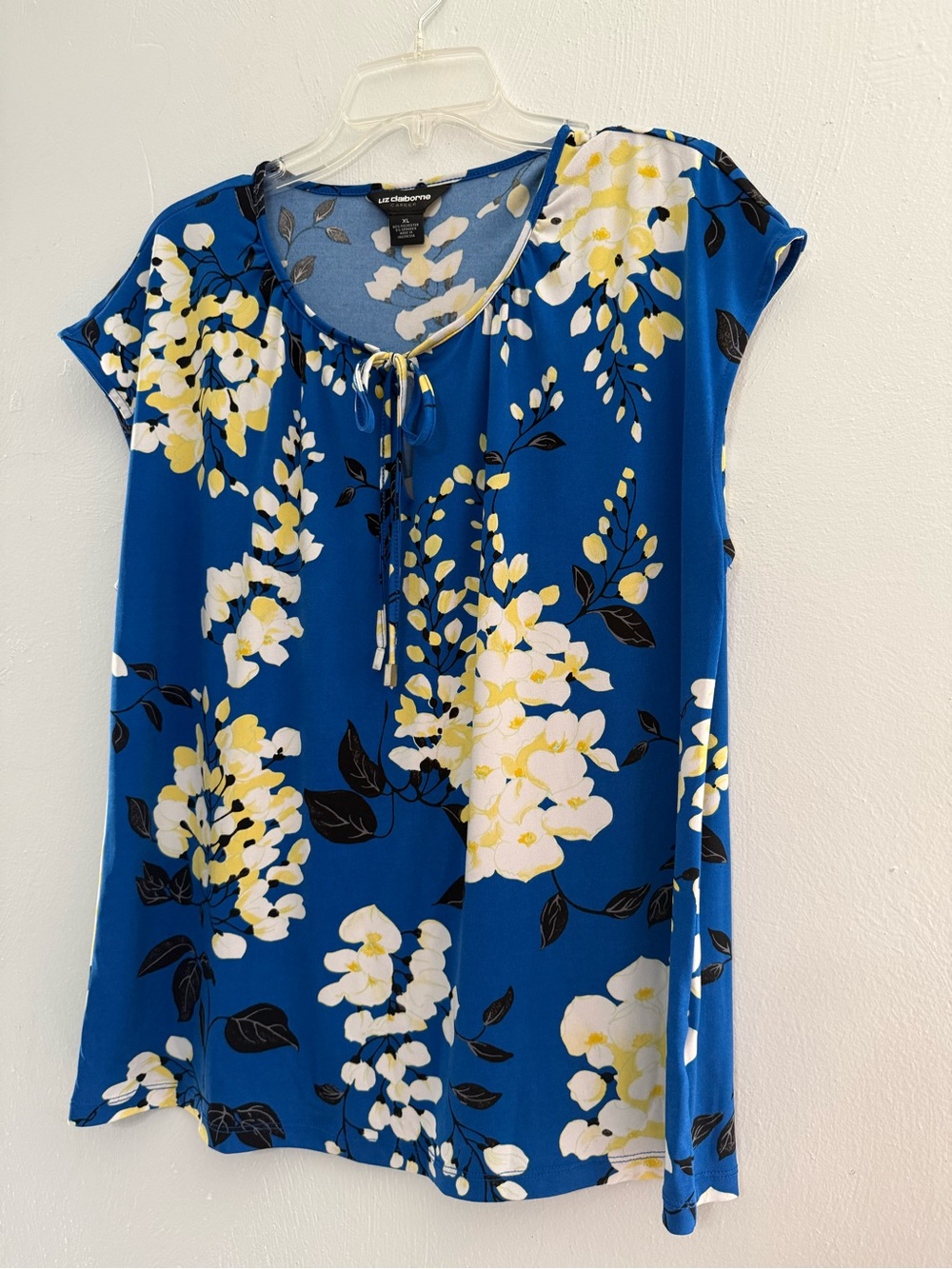 Liz Claiborne Royal Blue Floral Tie-Front Cap Sleeve Top